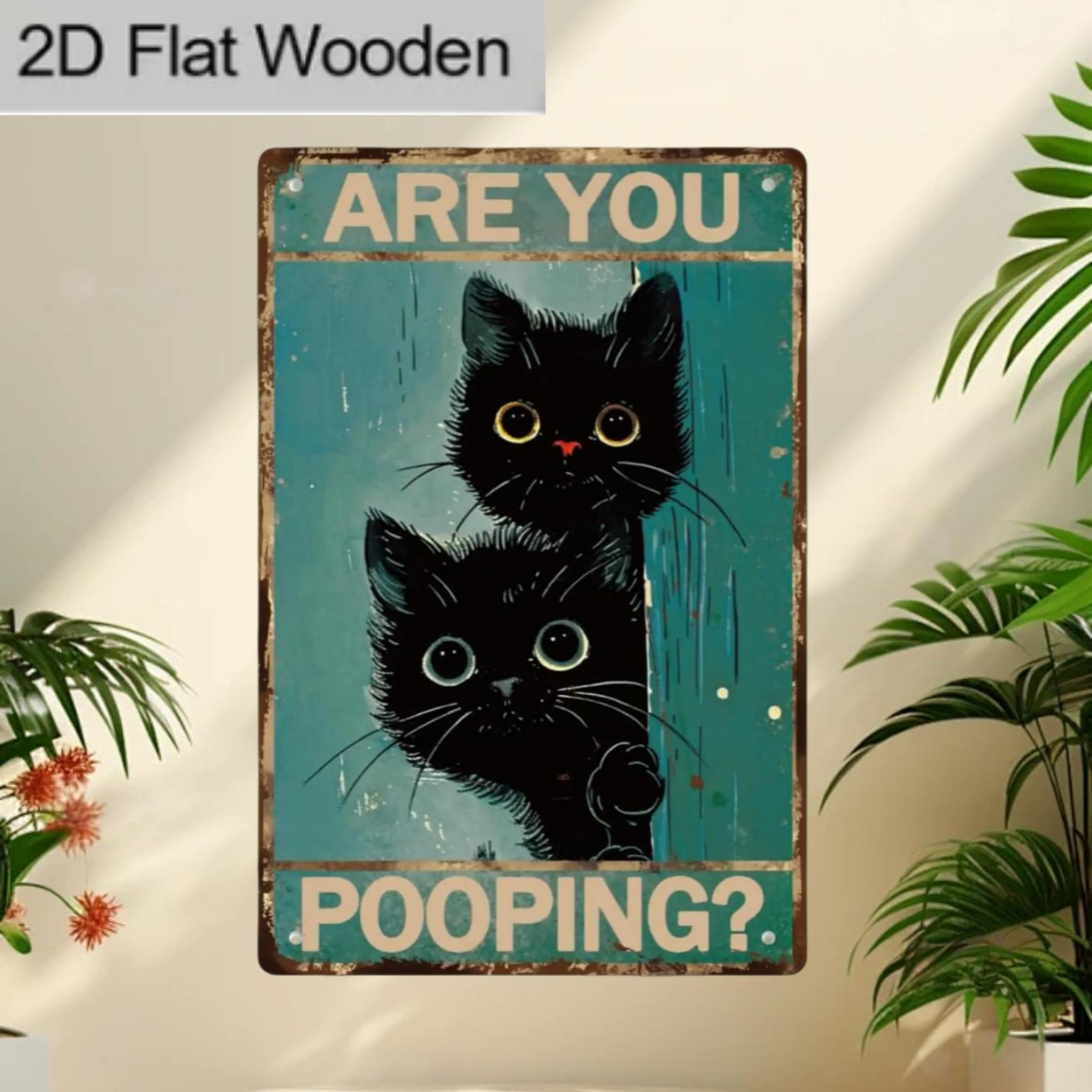 TEMU 1 Vintage Humorous Black Cat Wooden Sign, 15cm X 20cm- "are You Pooping?" Artwork, Rustic Style Bathroom Decor, Suitable For Living Room,