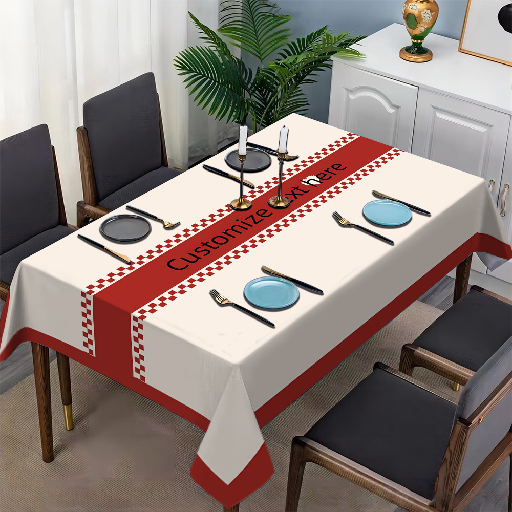 TEMU 1pc Customizable Polyester Tablecloth With "customize Me" Print - Checkered Border, Ideal For Holiday Parties & Elegant Dining Settings,