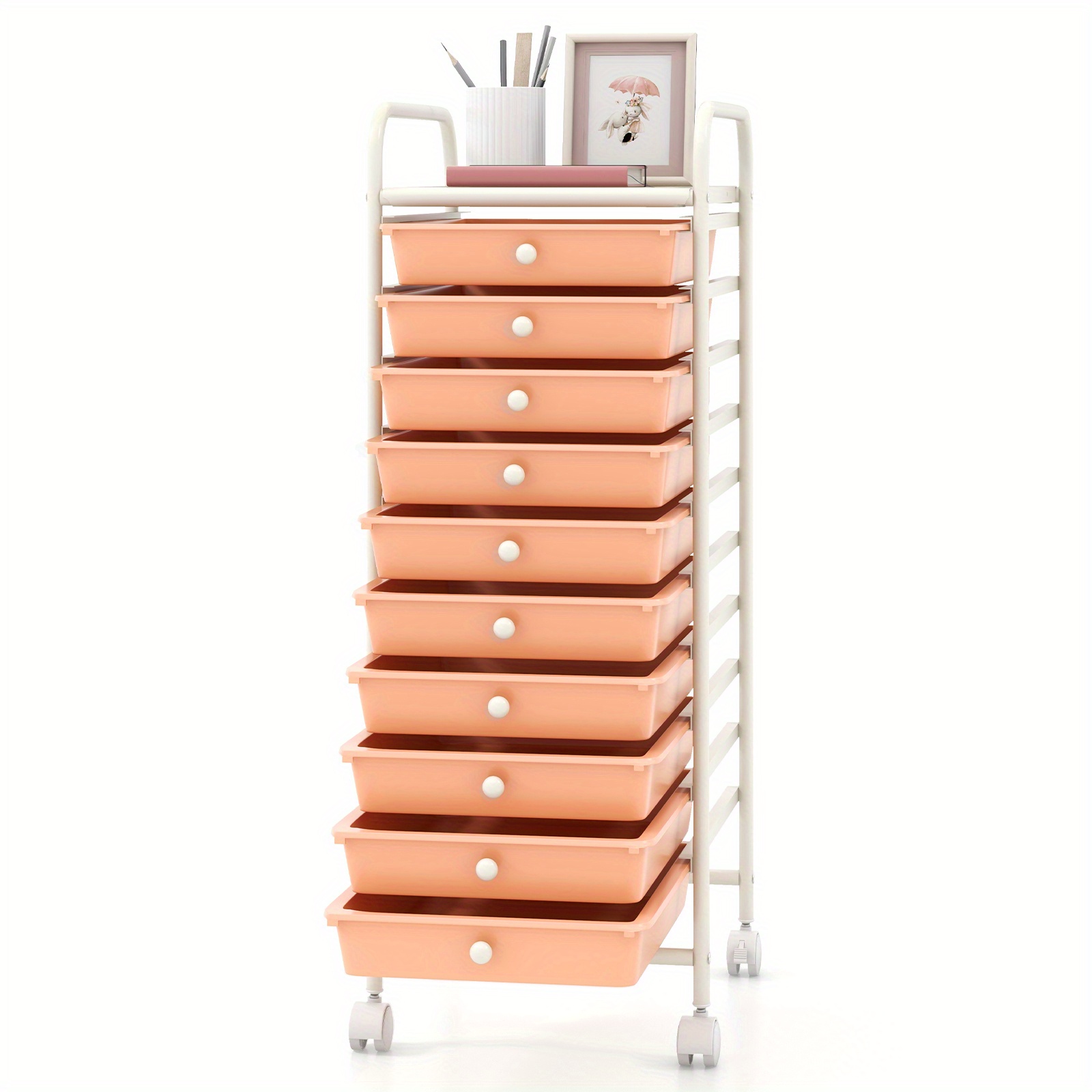 Mobile Storage Cart With 10 Drawers, Designed For Home, Office, Or School Use, Featuring An Organizer Top And For