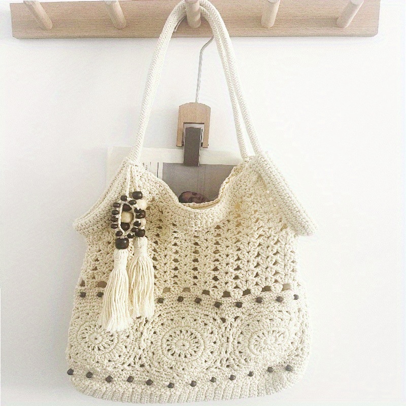 Women's Tote Bag, Vacation Bag in Khaki/Beige, Crochet Boho Hobo Bag, Beach Bag for Women, Bohemian Woven Handbag, Summer Vacation Beach Handbag, Bohemian Crossbody Bag with Tassels