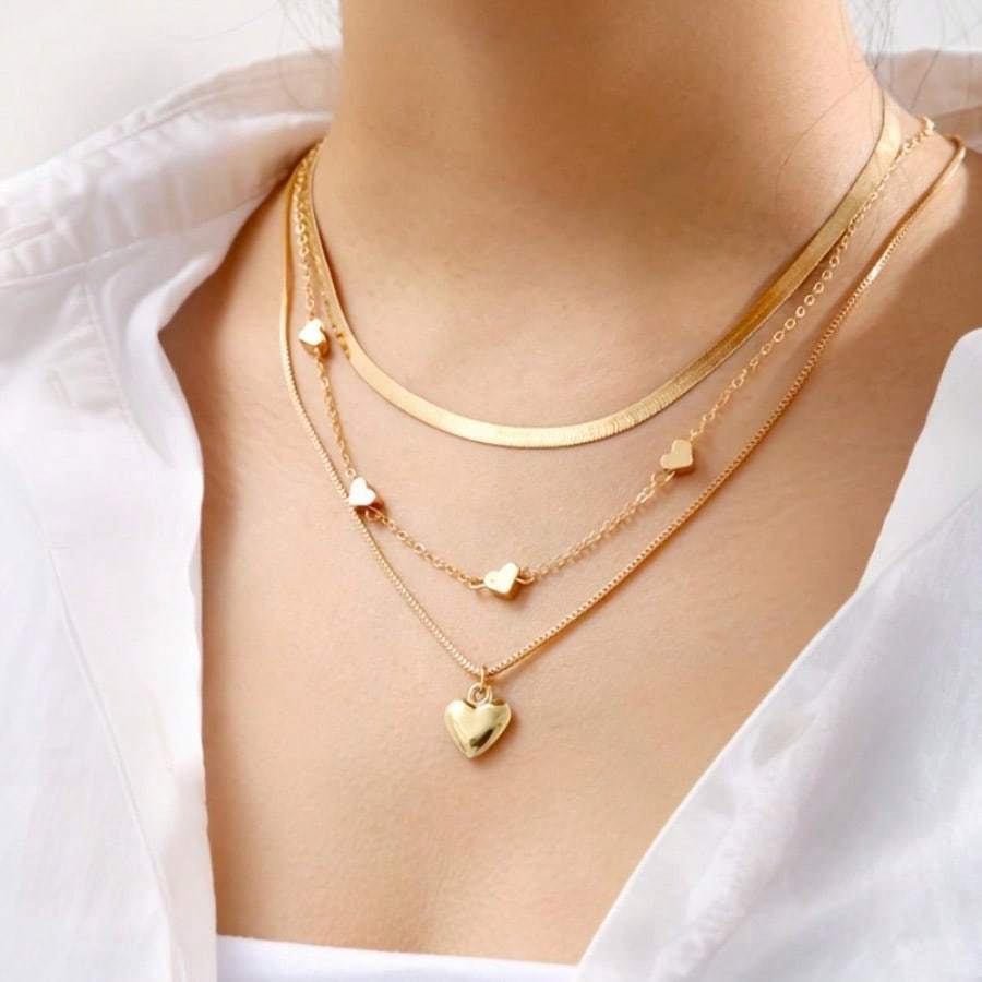 TEMU 3pcs 18k Gold Plated-plated Heart-shaped Pendant Chain Necklace Set: Stackable, Adjustable, Stylish!