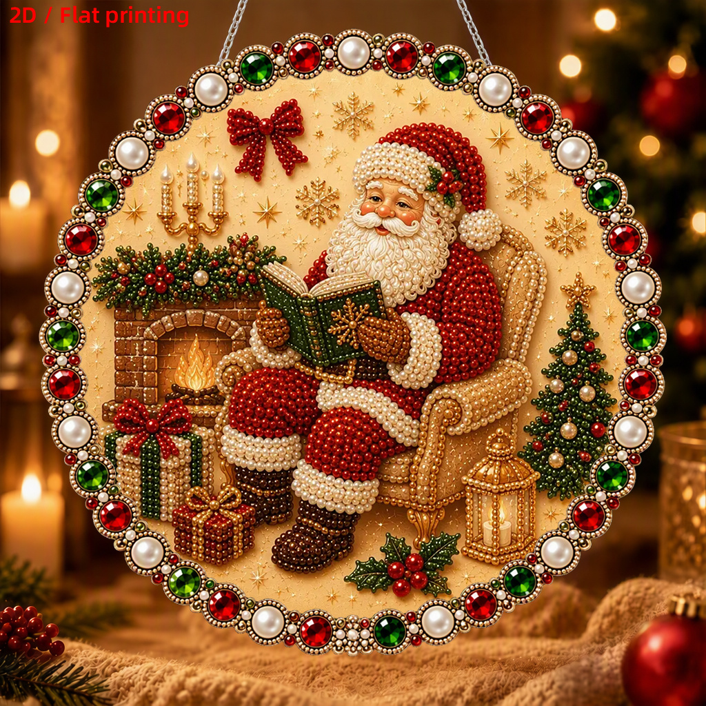 TEMU 2d Flat, New 2d/flat Printing Pearl And Diamond Pendant Featuring Santa Claus Reading Design, Holiday Party Scene Decoration And As A Festive