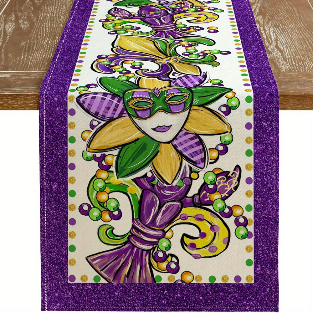 

1pc Mardi Gras Table Runner - Vibrant Design With Flower Illustrations, Glittery Beads & Stripes For Indoor/outdoor Holiday Dining Decor