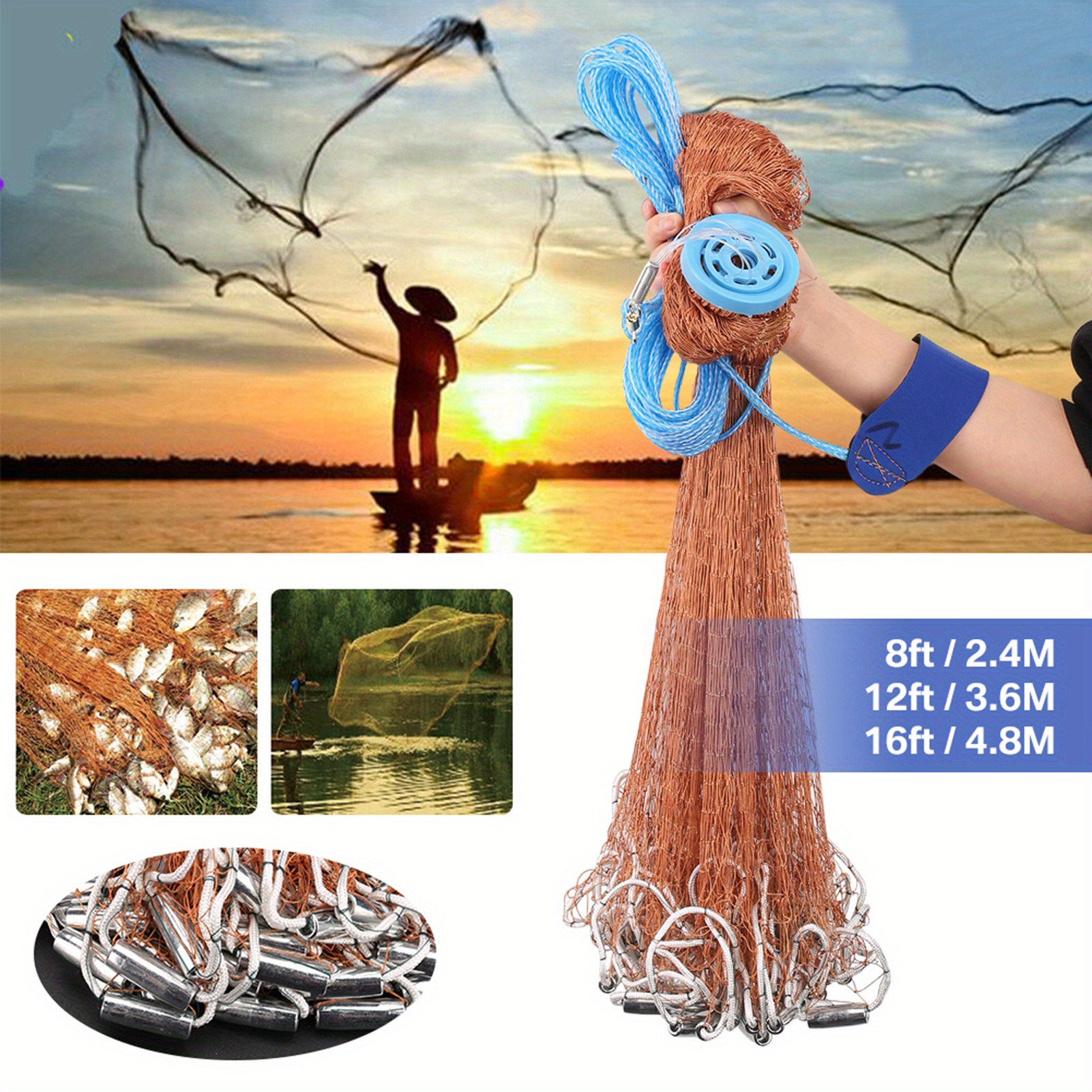 TEMU 8/12/16ft Magic Fishing Net With Comfortable Handle - Durable Saltwater Casting Gear For Bait, Brown - All , Lightweight &
