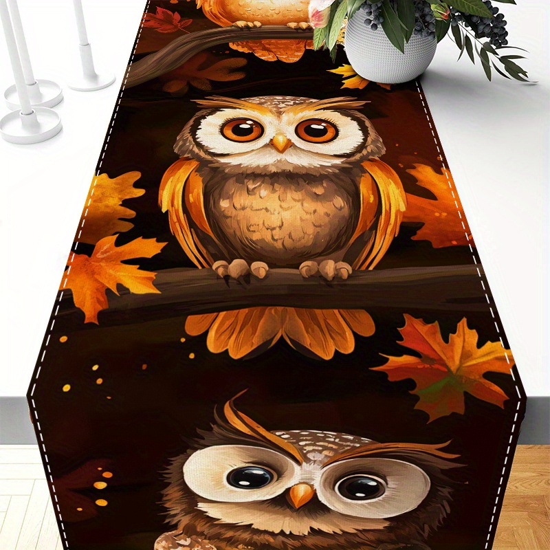 TEMU 1pc Autumn Owl & Maple Leaf Table Runner - Cute With Vibrant Fall Foliage, Durable Polyester Kitchen Dining Decor, Thanksgiving Halloween Home