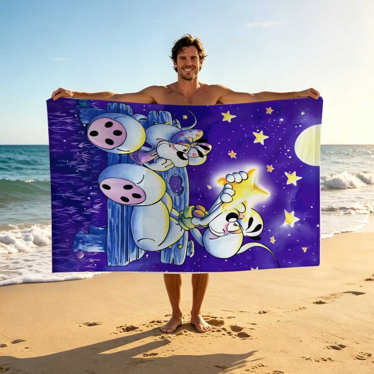 TEMU 1pc Cute Cartoon Mouse Couple Starry Towel - Quick Dry, Absorbent Microfiber, Romantic Moon And , Perfect For Pool, Beach, Camping, Travel