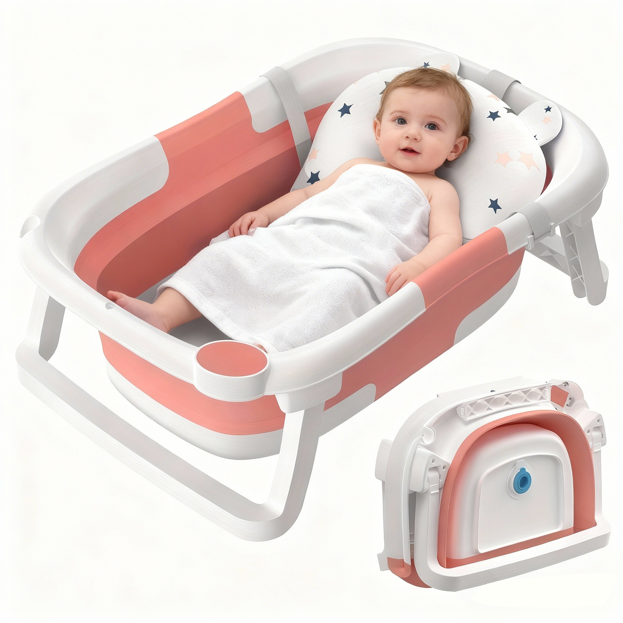 Cochildor Foldable Baby Bathtub With Soft Cushion & Non-slip Mat - Portable Collapsible Bath Tub For 0-12 Months Infants, Bathtub (60.5x43x20.5cm), Travel-friendly Bath Pool (pink/gray)