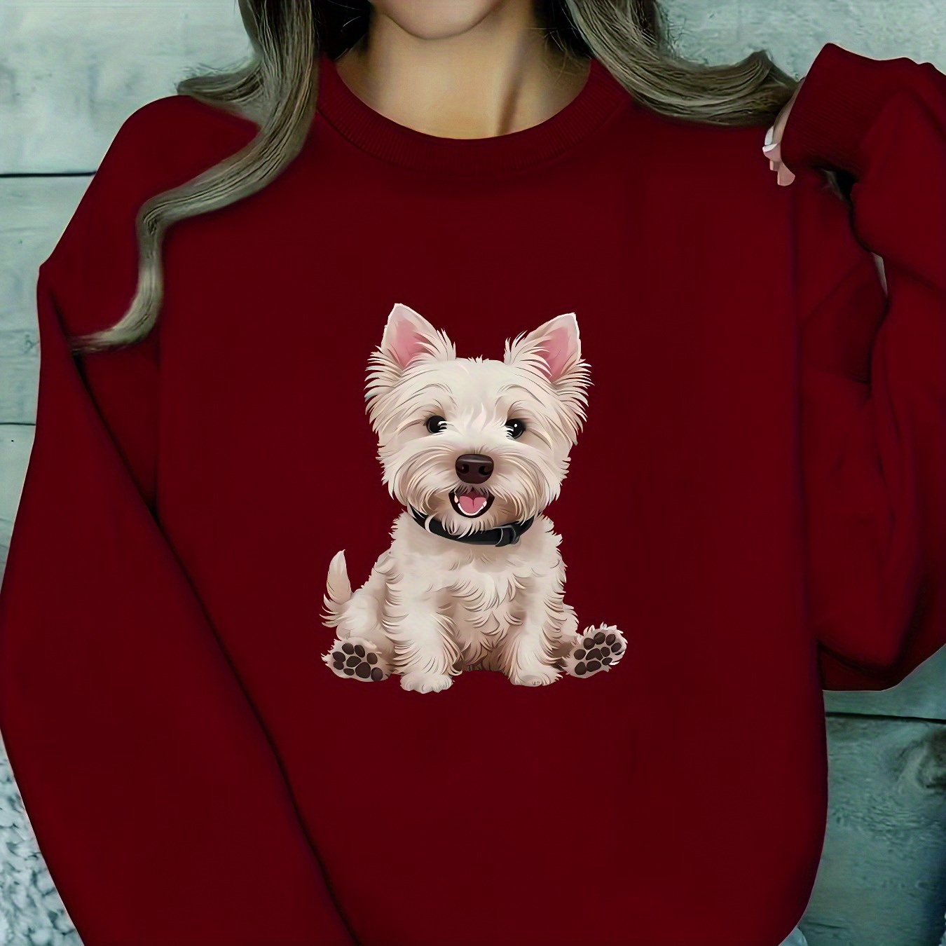 

Women's Casual Highland Dog Print Fleece-lined Crew Neck Sweatshirt, 100% Polyester, Machine Washable