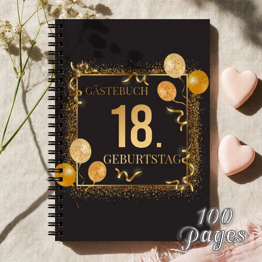 Image of 1pc German Edition Birthday Balloons Themed Journal - Elegant Black & Golden Preppy Notebook & Guestbook Suitable For Women & 18th Birthday, Shower, Retirement - German Language Edition Journal