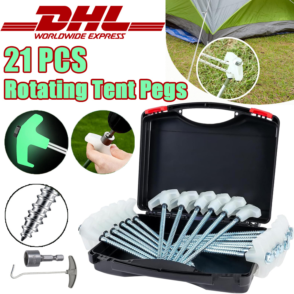 Image of 8" Tent Stakes Heavy Duty 21 Pack, Screw In Tent Stakes, Metal Threaded Camping Stakes, Ground Anchors For Canopies, Gardening And Inflatable Decor, With Storage Box And Hex Socket