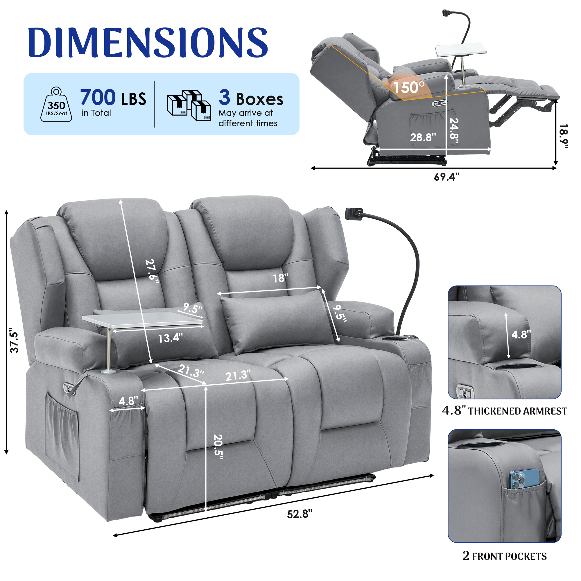 Power Recliner Sofa up to 4 Seat with Dual Consoles, 7 Color LED... product image 1