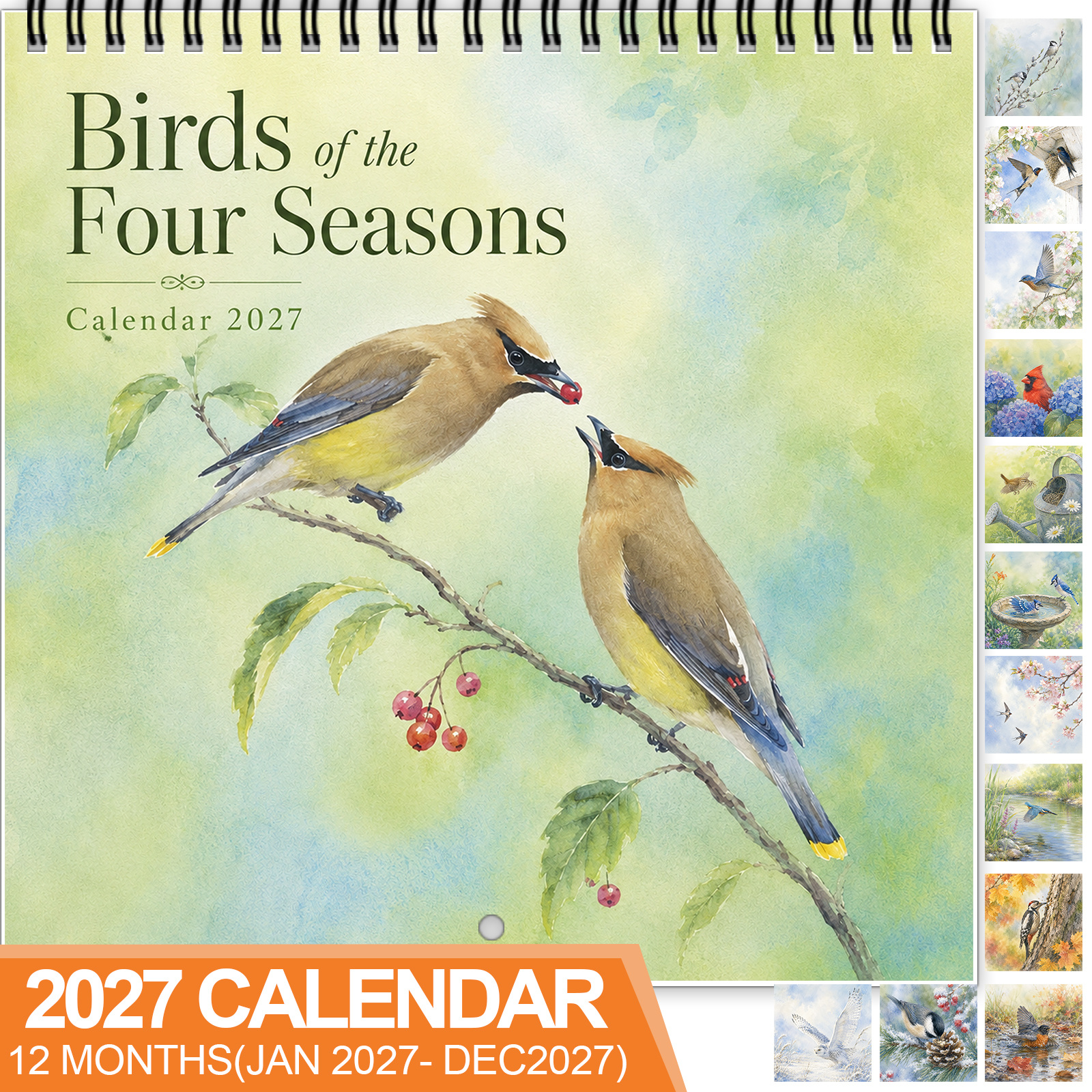 TEMU 2027 Birds Of Wall Calendar, Spiral-bound 12-month Hanging Calendar With Thick Coated Paper, Features Seasonal Bird Illustrations From Spring To