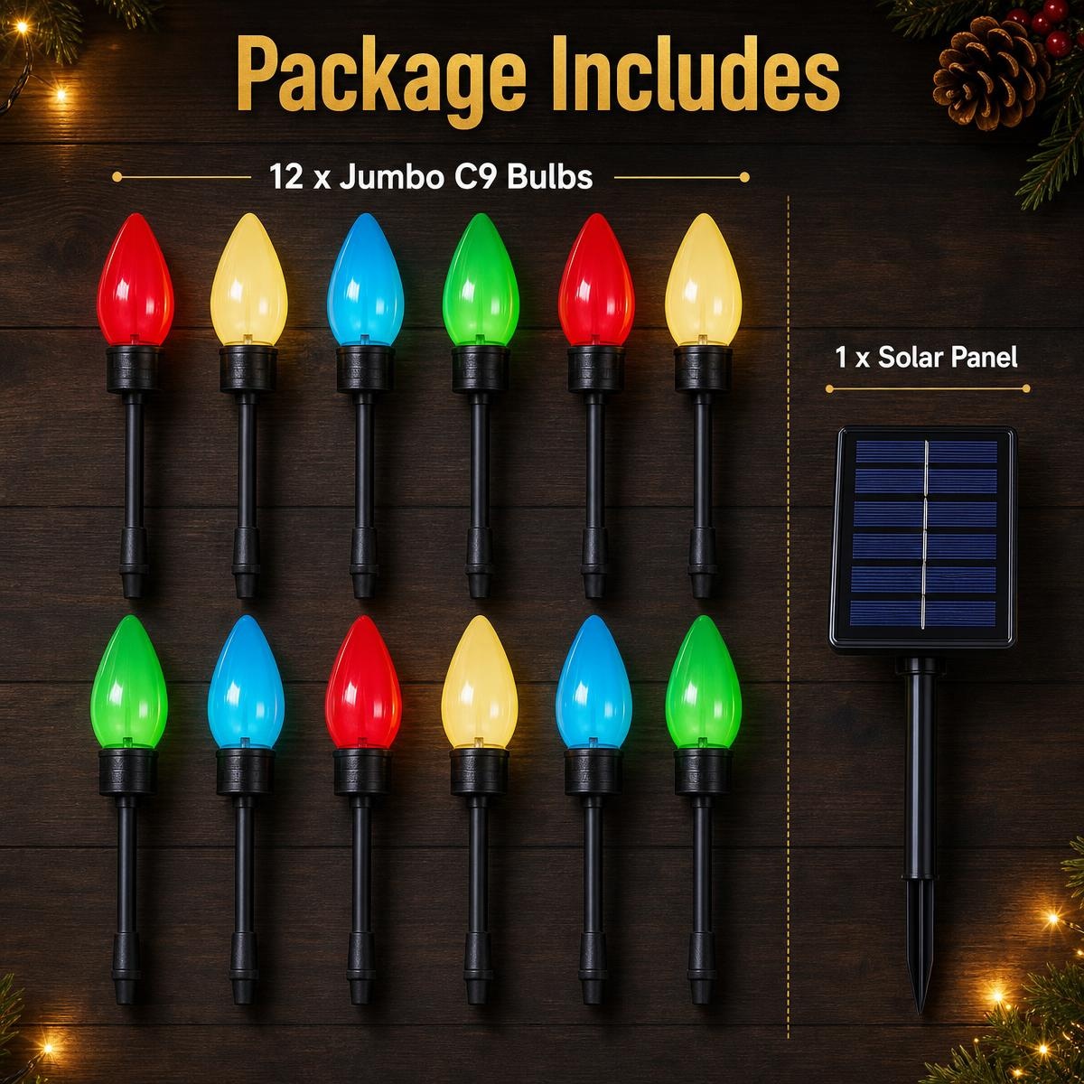 TEMU 2026 Upgraded C9 Large Light Bulb Christmas Decoration, Waterproof, 8 Lighting , Multicolor Christmas Lawn Stake Lights, 12 Bulbs Solar Powered
