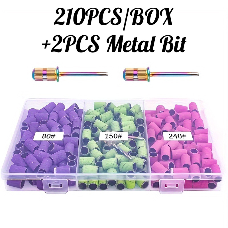 210pcs/box #80#150#240 For Nail Sanding Bands With 2pcs Metal Bit, Portable Storage Box Set For Nail Drill Sanding Bands, For Nail Art Additions Tools