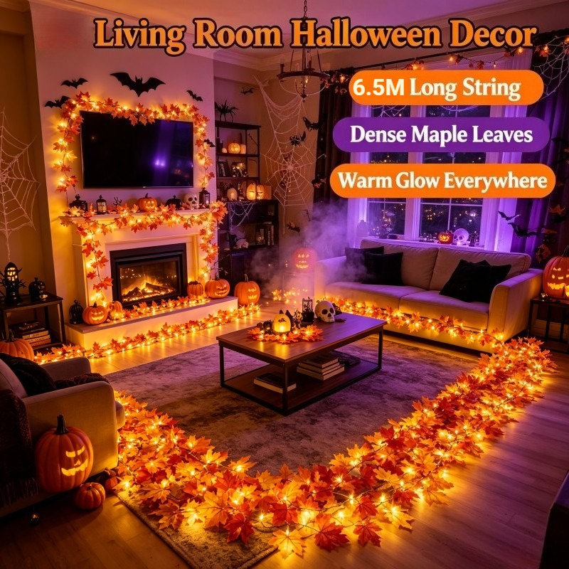 TEMU 65led Simulation Maple Leaf String Lights, Halloween Maple Leaf Decorative Lights, Autumn Falling Leaf Shaped Decorative String Lights, Holiday
