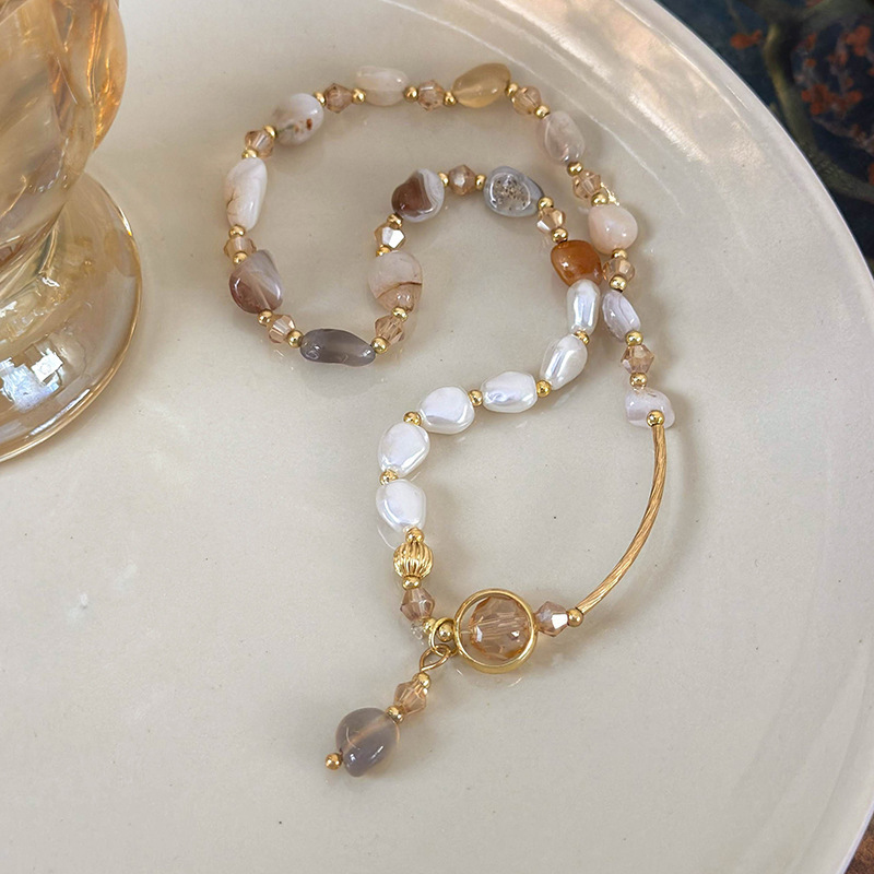 Women'S Double Layer Stacked Imitation Natural Stone Pearl Beaded Bracelet, Unique Design, Elegant Vintage Light Luxury Jewelry, Fashionable Accessory