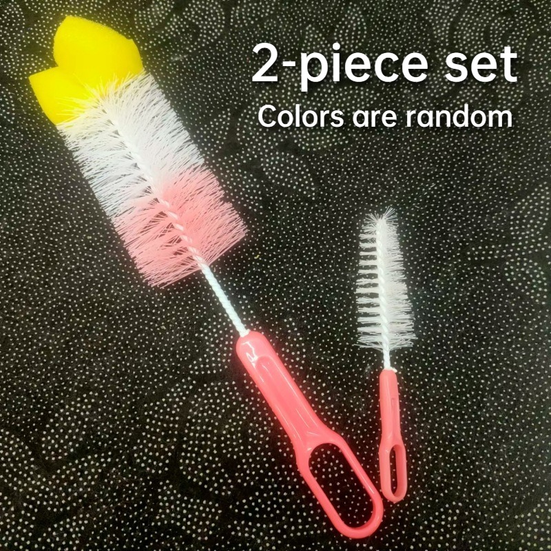 Image of 2pcs Bottle Cleaning Brush Set (one Large And 1 Small) - Made Of Food-grade Nylon And Sanitary Holder, Includes Straw Cup/ Feeding Additions, Brush, Random Colors