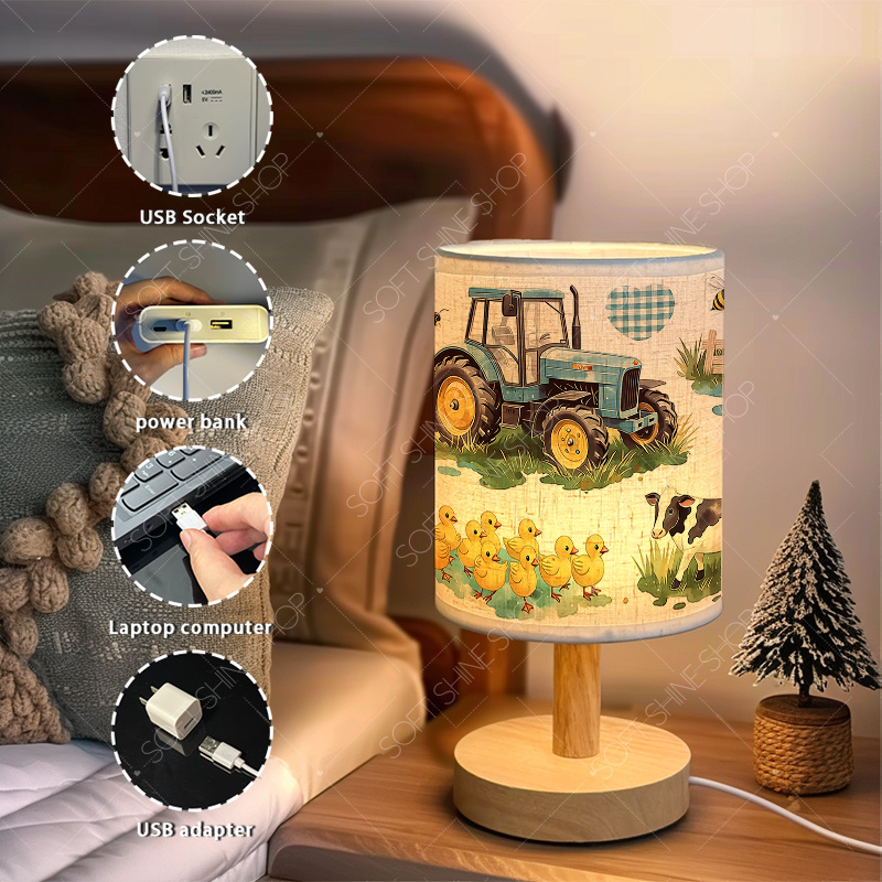 USB-Powered Fabric Table Lamp with Blue Tractor and Ducklings Design