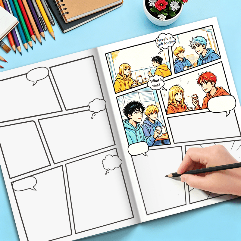TEMU Carnet de BD vierge de 32 pages, Carnet de vide avec diverses cases de grille de BD, bulles de et de pensée, Créez votre histoire, Journal de