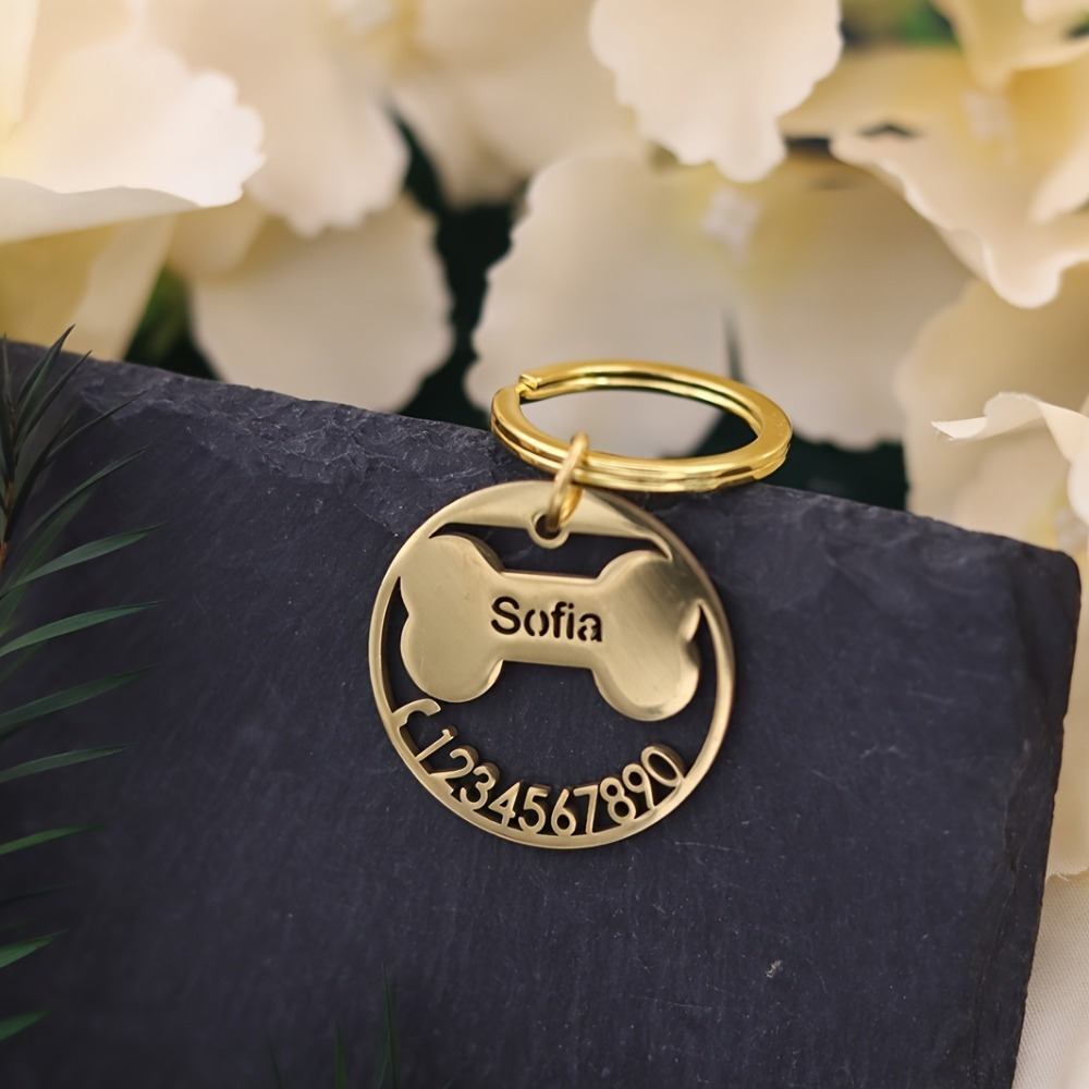 TEMU Custom Keychain Without Chain, 1 Custom Item, Custom Anti-lost Pet Id Round Tag Name Keychain, Stainless Bone Keyring, Personalized Custom Name