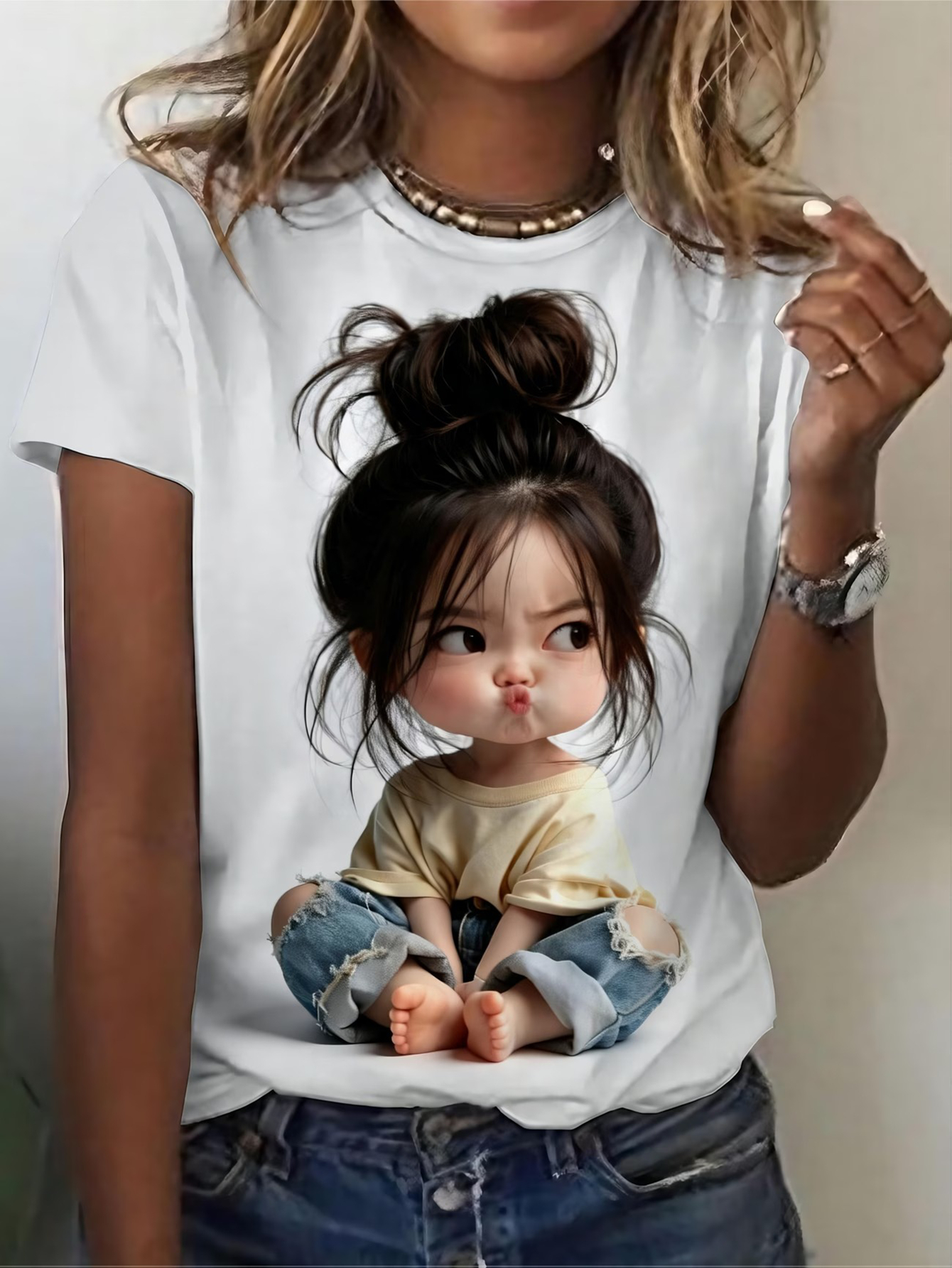 cute bun head sassy and adorable cartoon print t shirt for women fun cartoon doll short sleeve   casual top