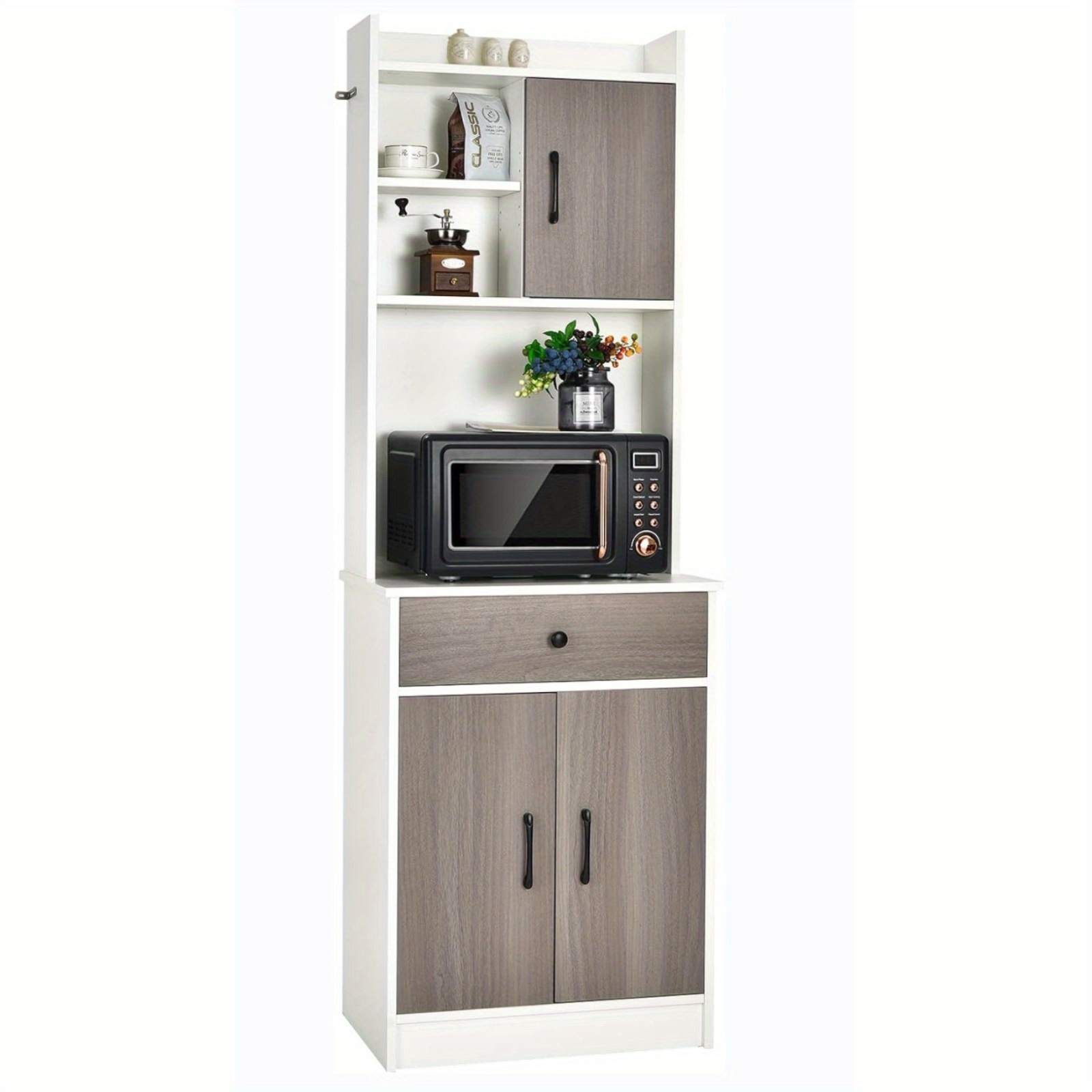 3-door Kitchen Buffet Storage Cabinet W/ Hutch, Freestanding Kitchen Pantry W/ Drawer
