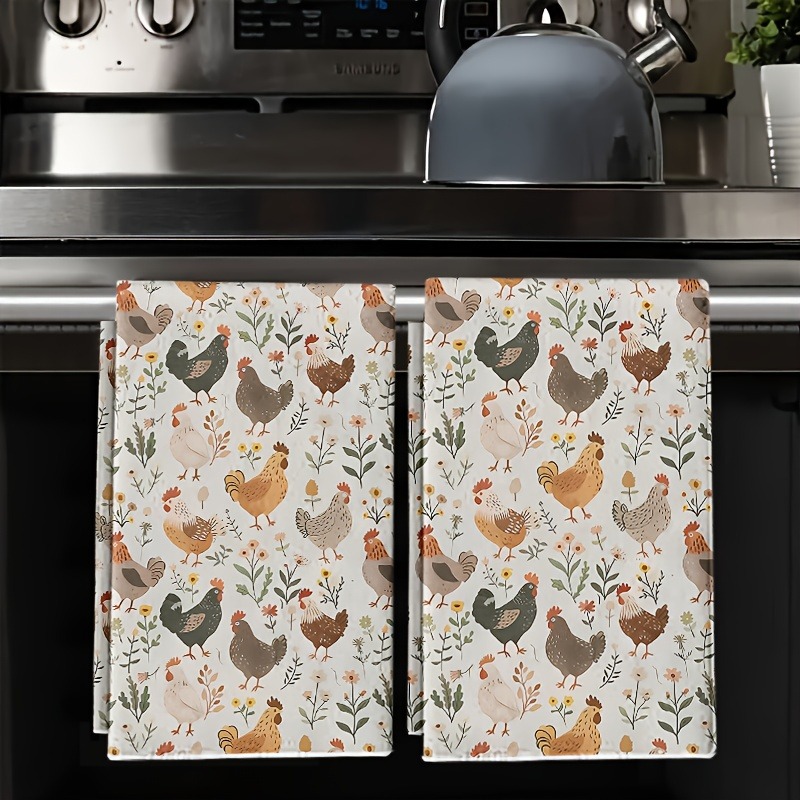 TEMU 2pcs Farmhouse Chicken & Egg Kitchen Towels - Soft Absorbent Tea Towels & Hand Towels With Hen And Eggshell Design, Rustic Country Decor In