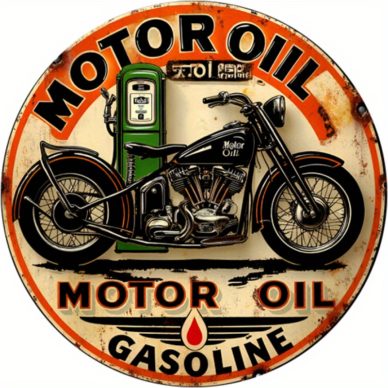 TEMU 2d Flat Printing 1pc Metal Sign Vintage Metal Sign - 8.0x8.0 Inch Round Wall Decor Classic Motorcycle And Gas Station Design Distressed Vintage