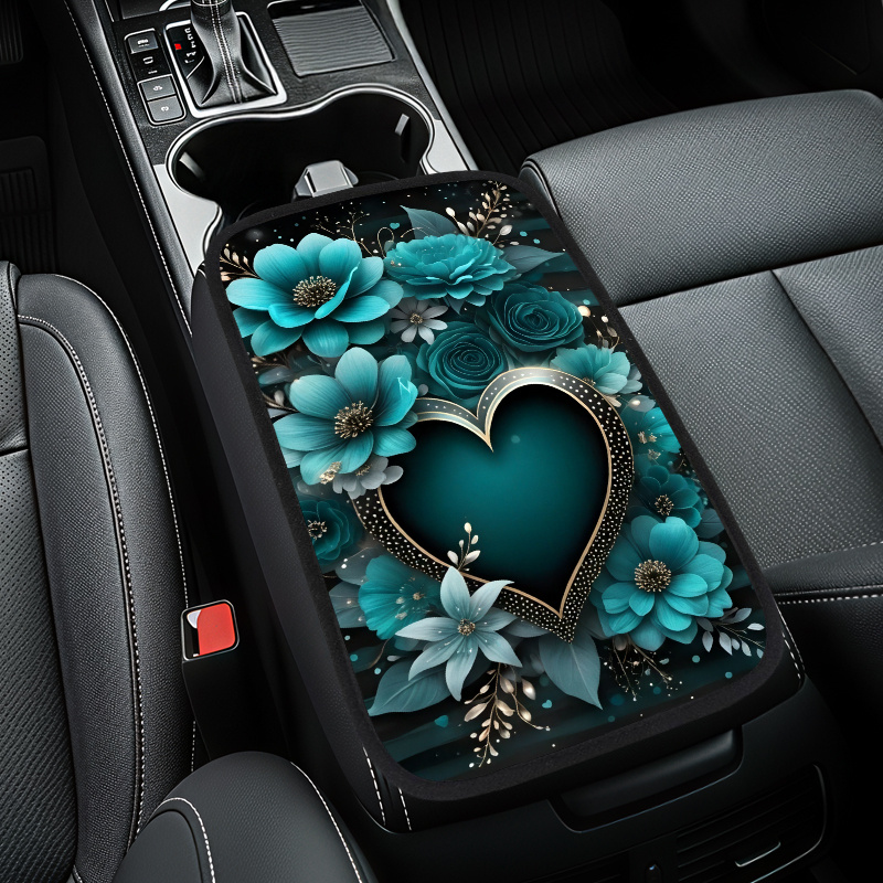Teal Heart Car Center Console Cover Pads, Soft Padding, Waterproof, Non-slip, Easy To Clean, Universal Fit For Suv, Cars, Trucks, , Perfect For Daily And Trips, Interior Accessory For Men And Women