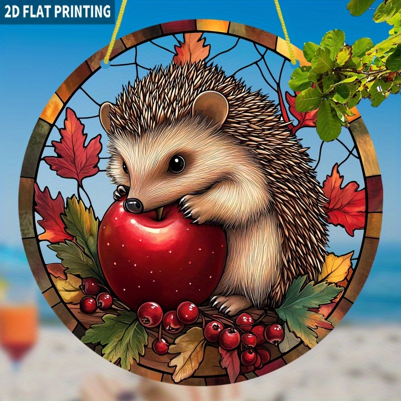 TEMU 2D Flat - Ein 2D-Flachobjekt, ein niedlicher Igel-Herbst-Ernte-Sonnenerfänger, der 7,87 x 7,87 Zoll misst, ein rundes Acrylschild im