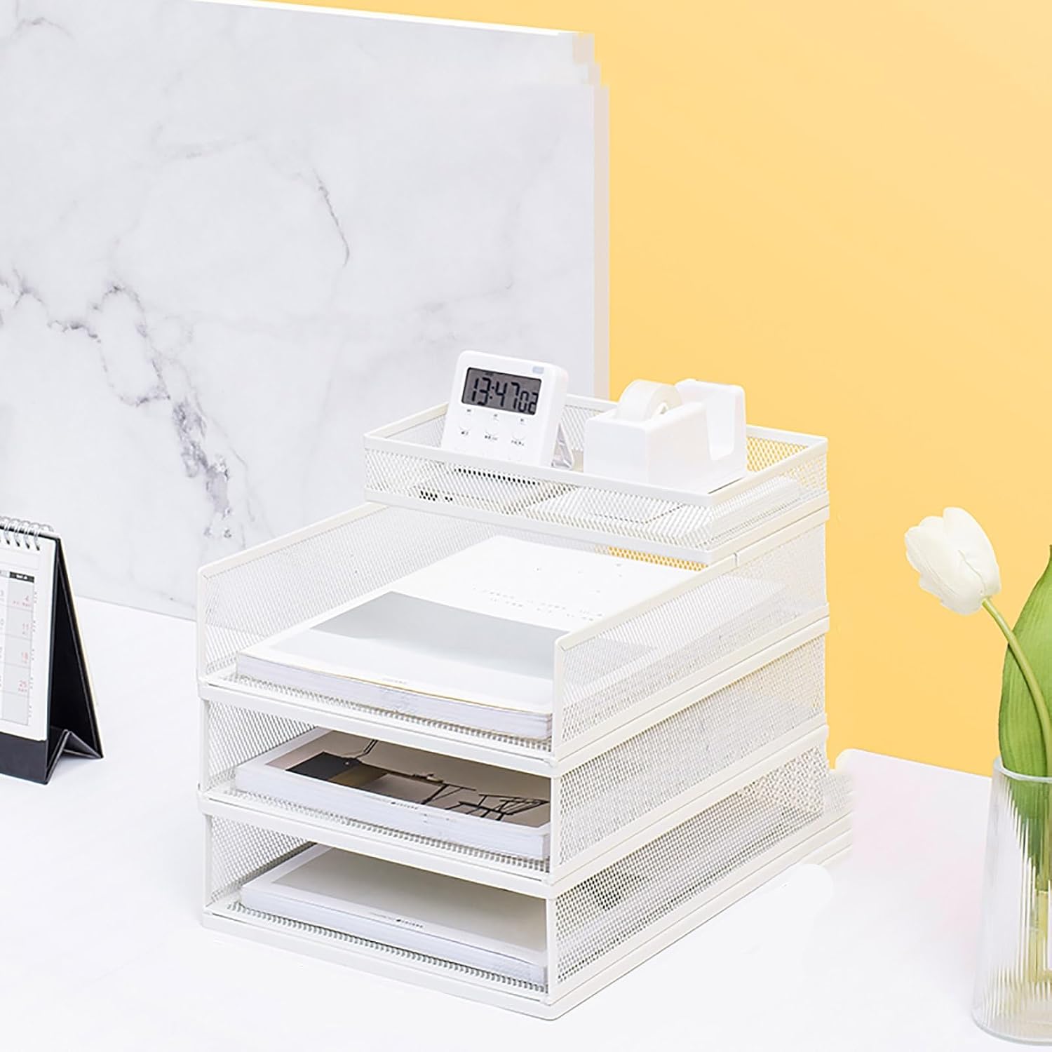 Image of Four-level Stackable Letter Trays For Organizing Papers On Your Office Desk, Complete With A Pen Holder