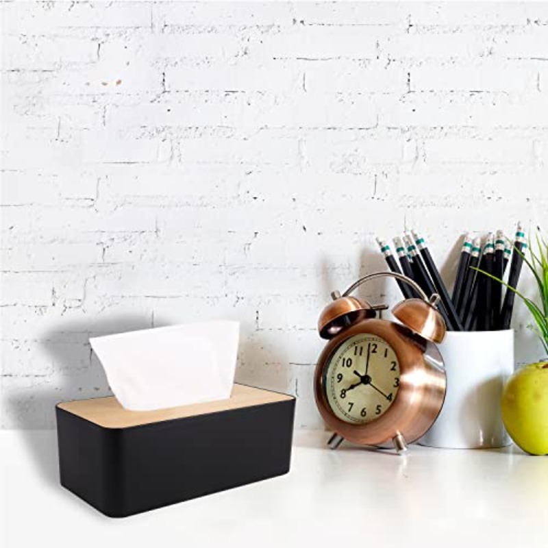 modern   tissue box holder with white lid - elegant rectangular or round design, durable plastic & bamboo construction, scratch-resistant surface protector, fits bathroom, office, home - compatible with square & round tissues (9.7x5x3.6in) - decorative storage organizer Product details 4