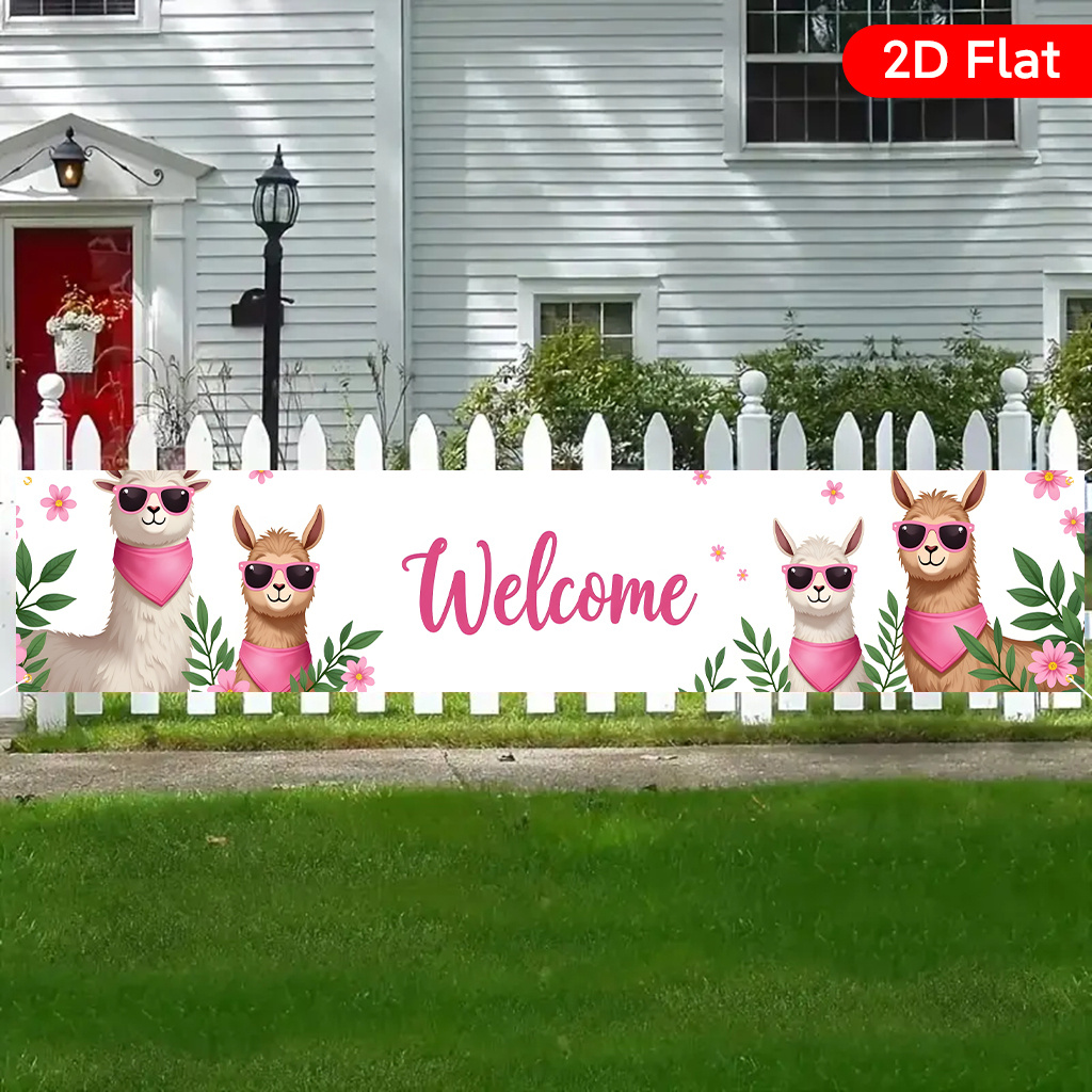 TEMU 2d Flat, 1pc Large Welcome Pink Alpaca Cartoon Yard Banner With Llamas In Fashion Glasses & - 17.7x78.7 Inch Durable Indoor/outdoor Decoration