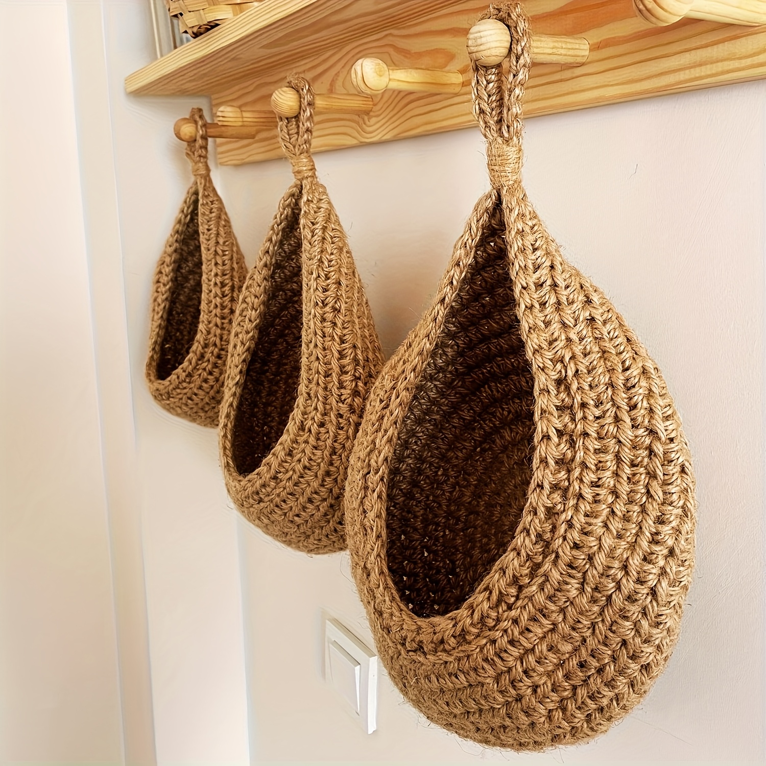 3pcs Bohemian-style Rope Handwoven Wall-mounted Basket Set, Multi-functional Hanging Storage Basket Made of, Suitable for Storing Sundries, Kitchen, Home, and Dining Room Decorations, Shelf Basket, Perfect Gift for All Four Seasons., Shelf Baskets
