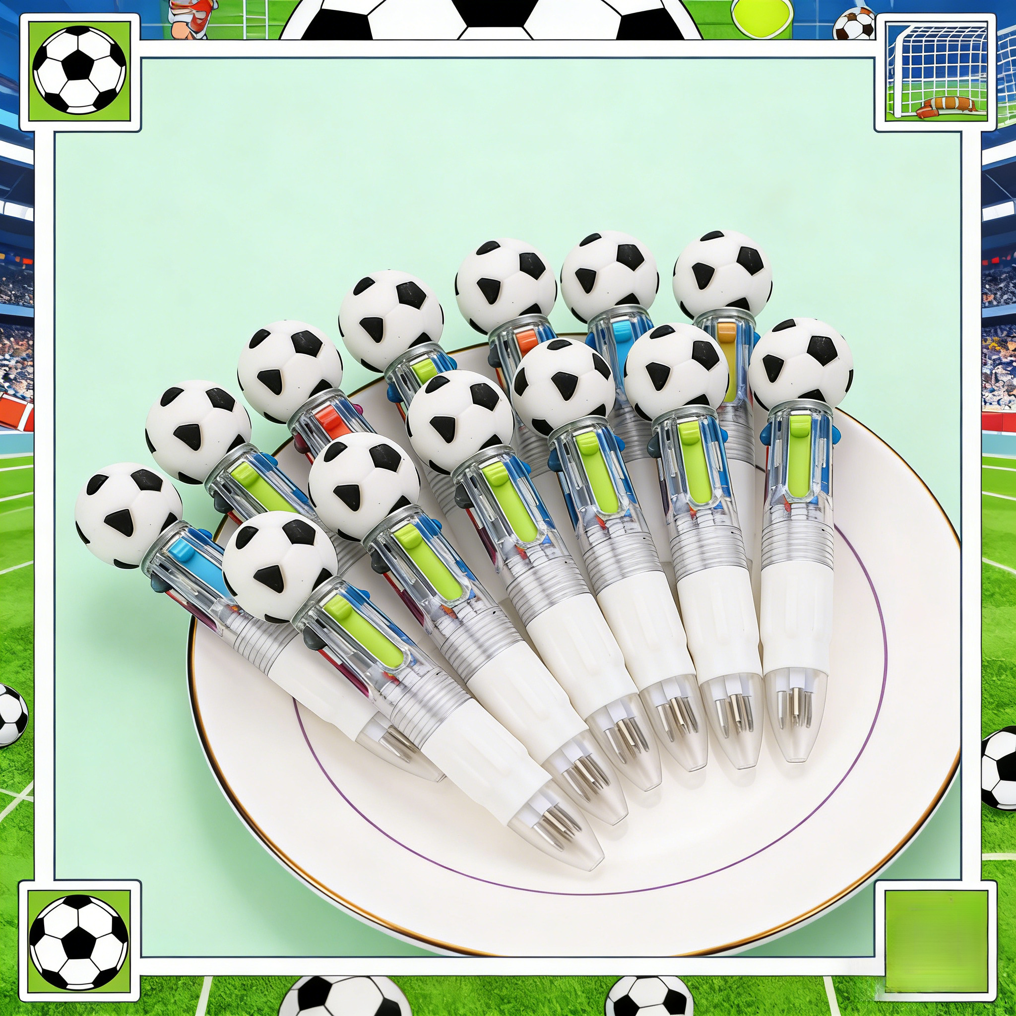 Image of 12pcs Football-themed Cute Four-color Retractable Ballpoint Pens, Featuring An Ergonomic Round , Medium Nib, Straight Structure, With 9 Different Football Color Patterns