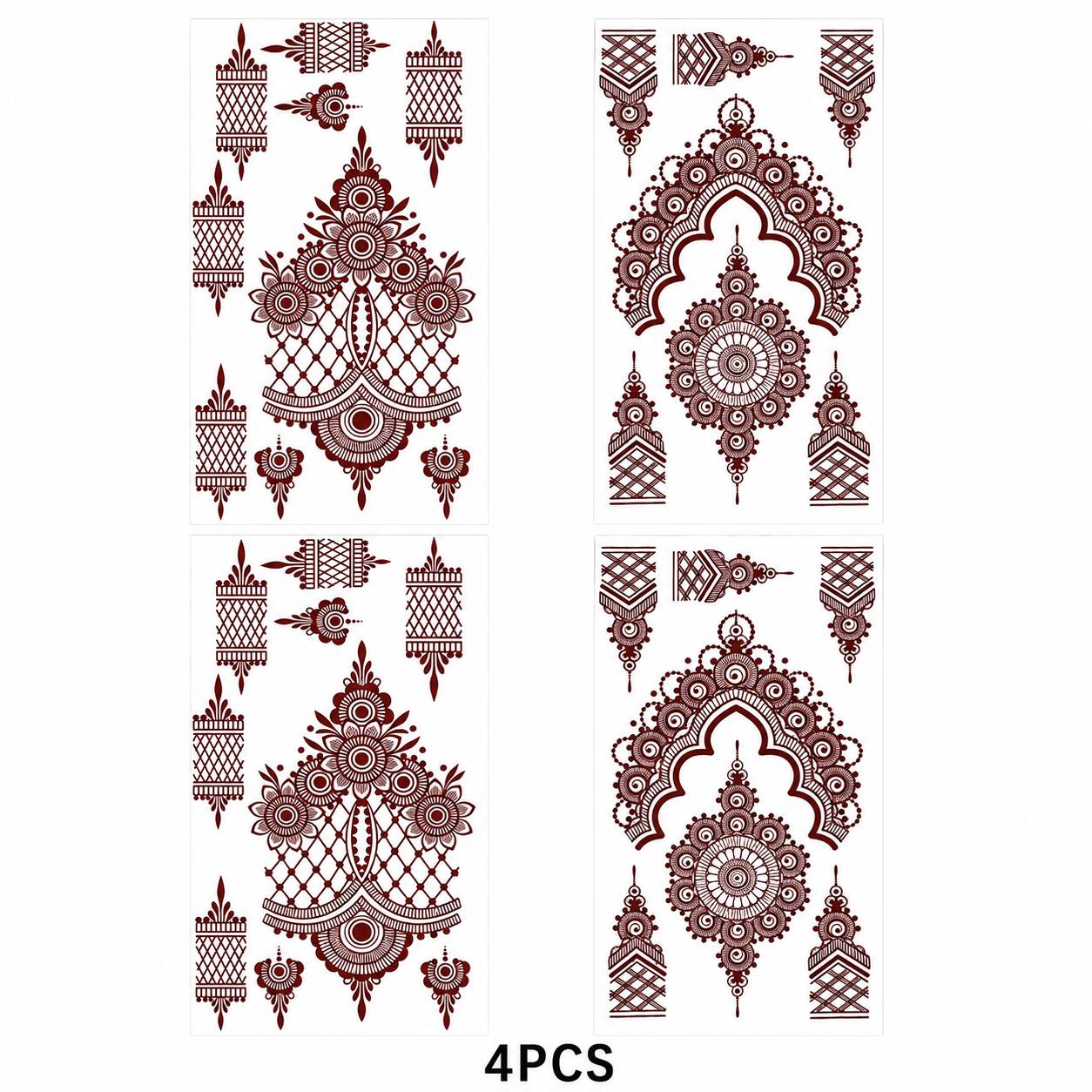 TEMU 4pcs Red Floral Ornament Temporary Tattoo, Lattice Leaf Swirl Body Art Sticker, Elegant Decorative Tattoo Decal For Hand Shoulder Foot Wrist
