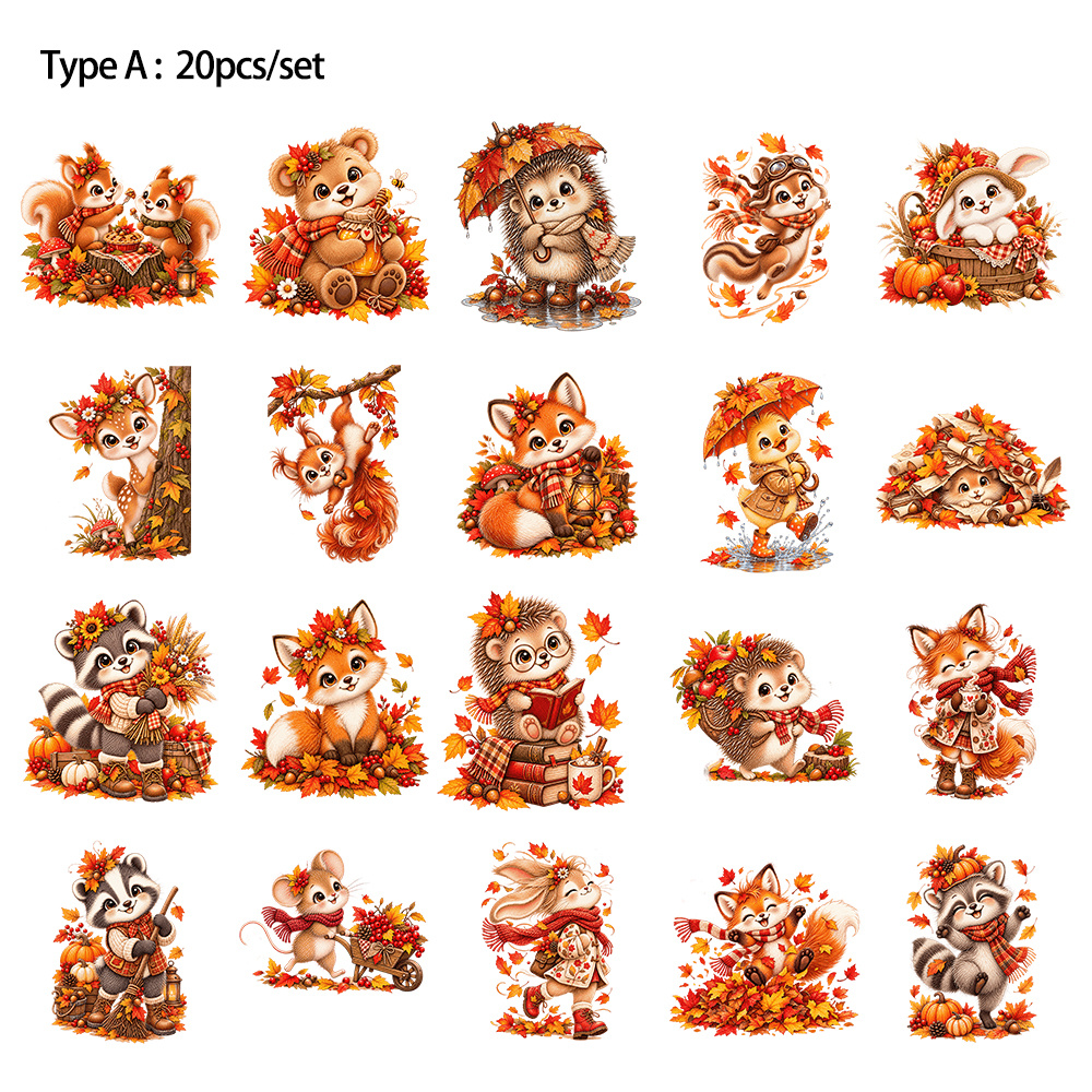 TEMU Ruonaorou 20 stuks/verpakking Herfstbos Dieren Ephemera Stickers voor Plakboeken 2D Plat Schattige Herfst Bos Vos Eekhoorn Egel Beer Esdoornblad