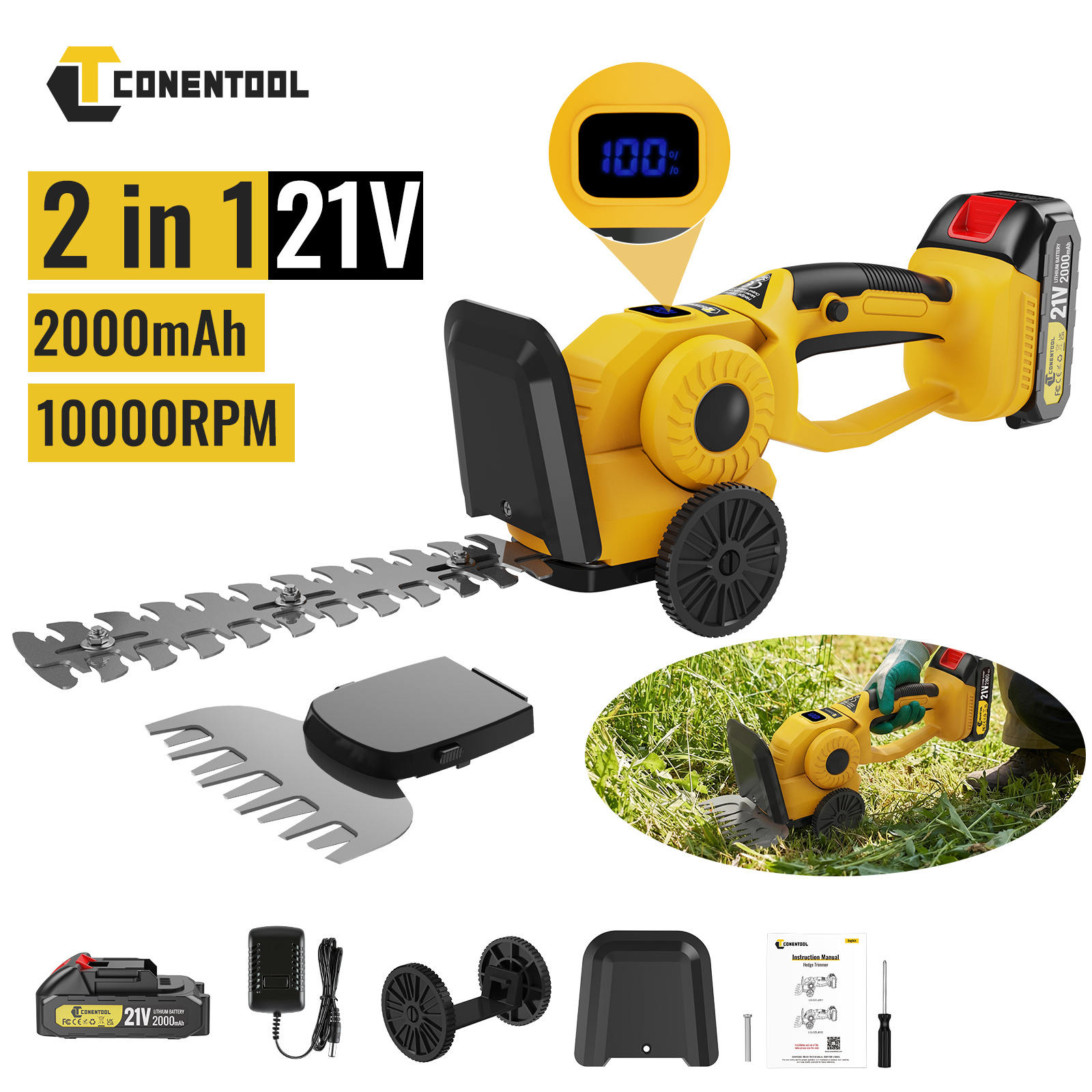 -friendly Angle Adjustment Conentool 21v Cordless Mini Hedge Trimmer | Long & Short Attachment Set, Battery Level Indicator, 2000mah For Extended | Ideal For Small Outdoor Pruning, & Gardens