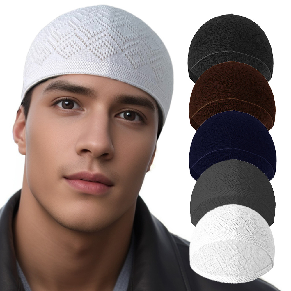 TEMU 5pcs/pack Ethnic Style Men's Ramadan Hat, Warm Knit Comfortable Elastic Hair For Autumn And Winter, Bohemian Solid Color Retro Men's Headscarf,