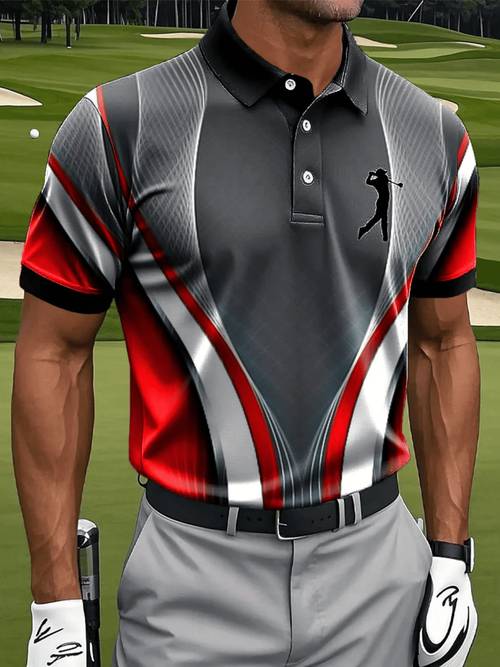 print design not textured mens casual athletic short sleeve shirt geometric lines and golf pattern print fabric machine washable breathable regular fit suitable for daily casual athletic wear