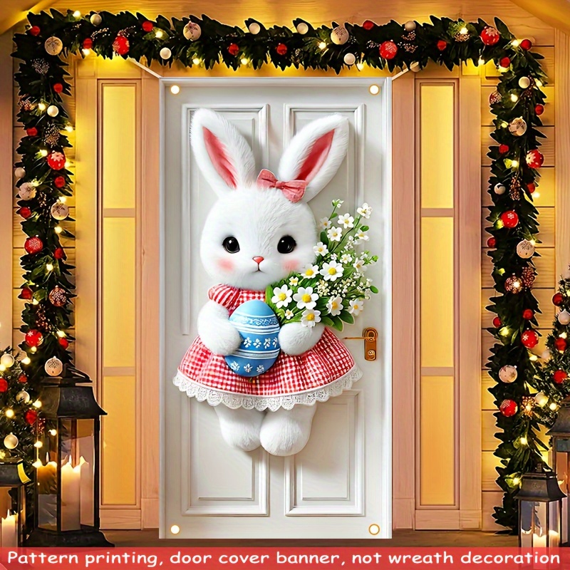 

1pc Easter Bunny & Floral Door Panel - Polyester, Easy-to-hang Outdoor Decoration With Lights & Wreath Accents, Garden Parties, 35.43" X 70.86