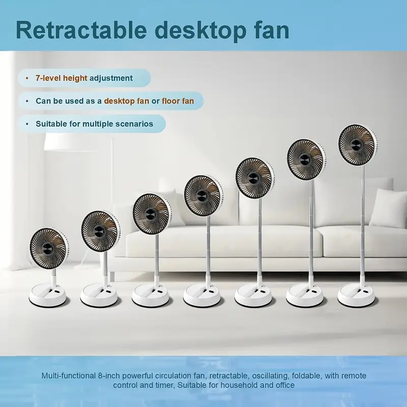 Foldable Rechargeable Oscillating Fan 20.32cm 7200Mah Battery Operated Small Fan, Quiet Table Standing Pedestal Fans for Bedroom Office Camping Travel (White Body And Black Front Grille)
