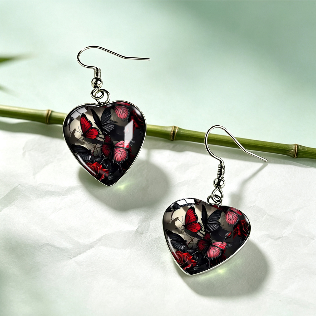 3-Pair Unisex Dark-Themed Moth, Butterfly, and Floral Heart-Shaped Earring Set