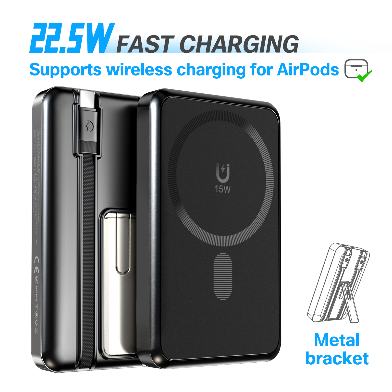 TEMU 10000mah Magnetic Power Bank, . 5w Fast Charging Portable Charger With Built-in Usb-c & Lightning Cables, 15w Wireless Charger, Metal Kickstand