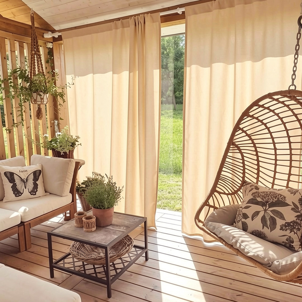 TEMU 2pcs Easy And Elegant Beige Sun Blocking Privacy Curtains – Uv Protection And Fade Resistant Drapes For Patio, Porch And Canopy, Stylish Outdoor