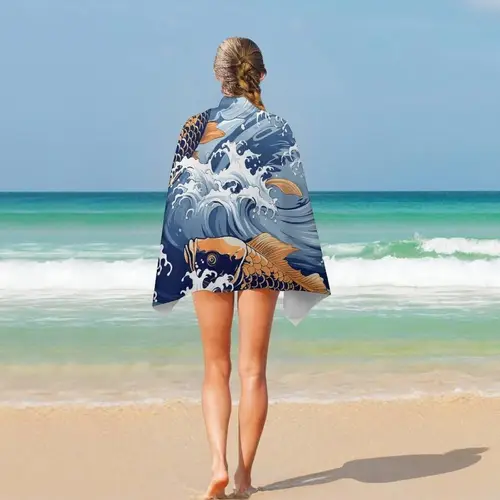 1pc 27 5x55 inch large beach towel quick dry sand free lightweight super soft absorbent koi fish wave pattern bath towel for adults pool beach travel