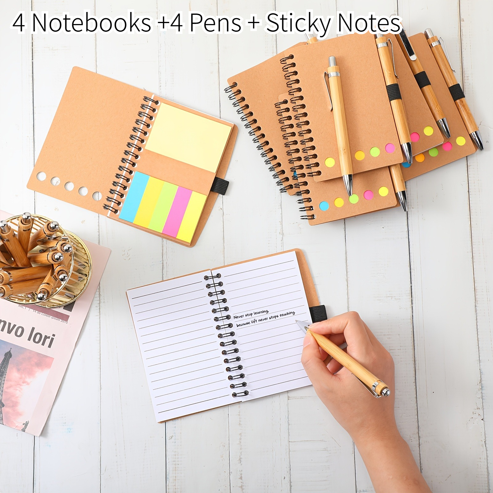 TEMU 4 Juegos de Cuaderno Interior, Cubierta de Papel , Notas Adhesivas, Bolígrafos de Bambú , Etiquetas de Página y Etiquetas de Índice Coloridas