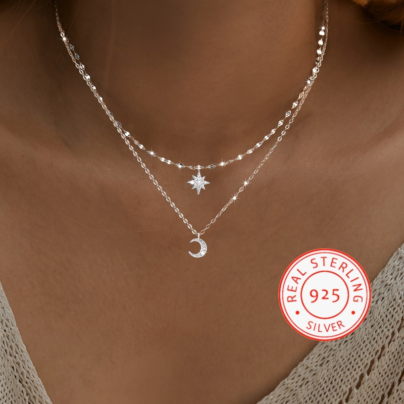 Women's Sterling Silver 2-in-1 Layered Star & Moon Necklace
