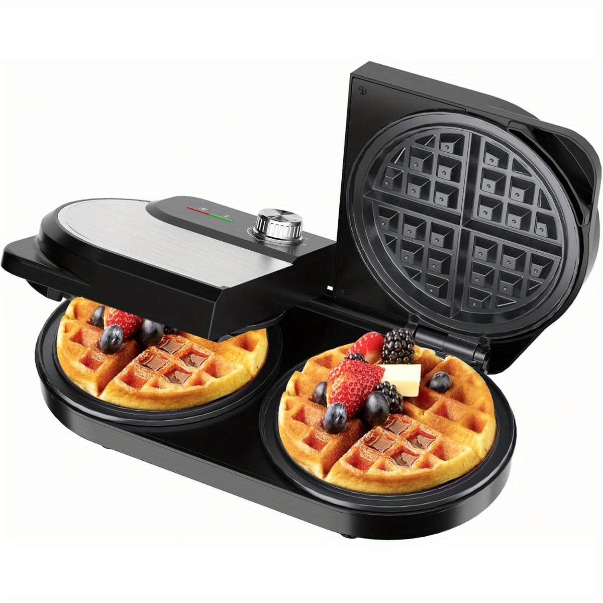 TEMU Double Waffle Maker 6 Inch, 1400w Belgian Waffle Maker For Breakfast And Snacks, Stainless Steel With Nonstick Plates, Temperature Knob, Cool-
