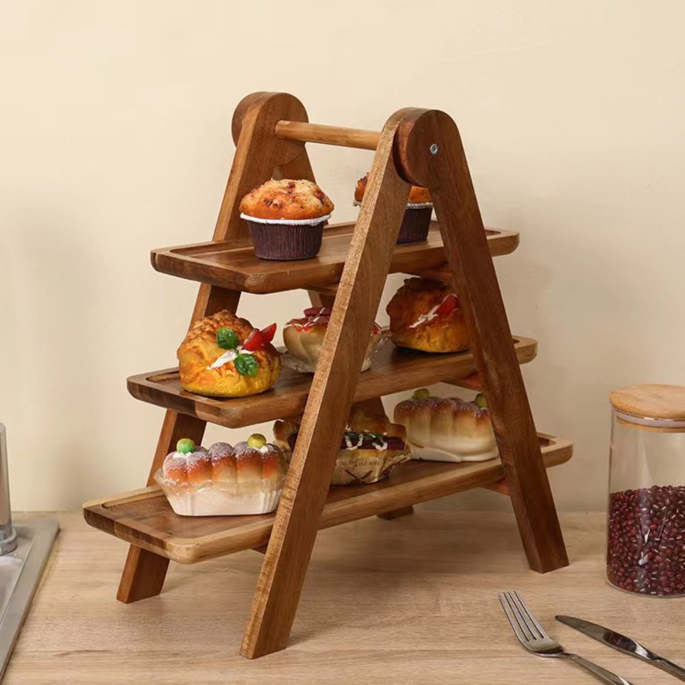 Image of Spice Rack Storage Box Natural Wood Tray Rack For Entertainment, Rugged Snack Server Rack Country Style 3 Layer Reception Desk Party Buffet Table Display Home Decor Storage Supplies